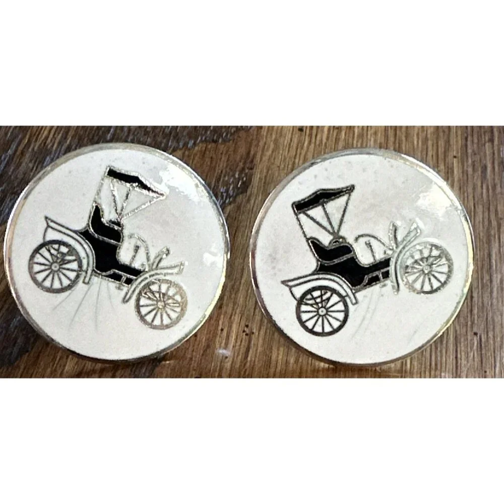 Vintage Enamel 1904 Ford Model A Car Cufflinks Pair‎ Round White Gold